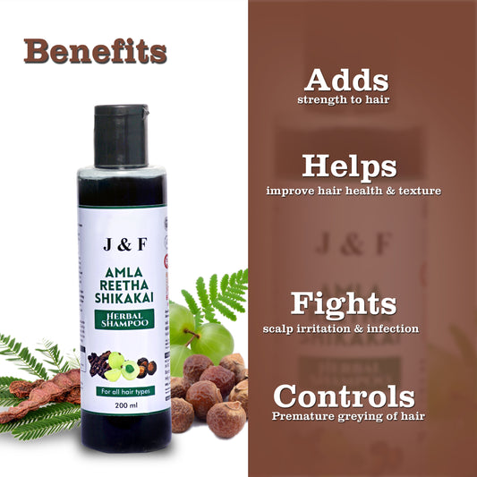 1. J & F Amla Reetha Shikakai Herbal Shampoo bottle, promoting natural hair care with Ayurvedic ingredients for healthy, shiny hair.

2. J & F Herbal Shampoo featuring Amla, Reetha, and Shikakai, designed for nourishing and strengthening all hair types naturally.

3. Bottle of J & F Herbal Shampoo, highlighting its Ayurvedic formula for deep cleansing, dandruff control, and improved hair health.
