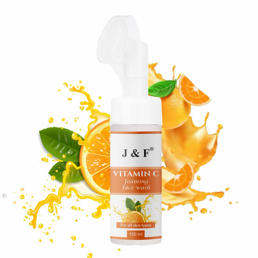 1. Vitamin C foaming face wash with built-in brush for deep cleansing, suitable for all skin types, promoting glowing skin. 

2. J & F Vitamin C foaming face wash featuring a brush for deep cleansing, hydrates skin, and is suitable for all skin types.

3. Foaming face wash with Vitamin C and built-in brush for deep cleansing, hydrates, and enhances glow for all skin types.