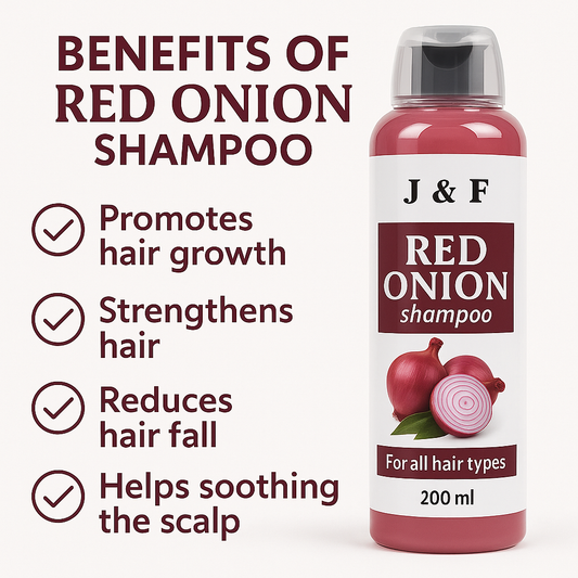 J & F Red Onion Shampoo bottle with benefits highlighted – promotes hair growth, strengthens hair, reduces hair fall, and soothes the scalp. Suitable for all hair types, 200ml pack.